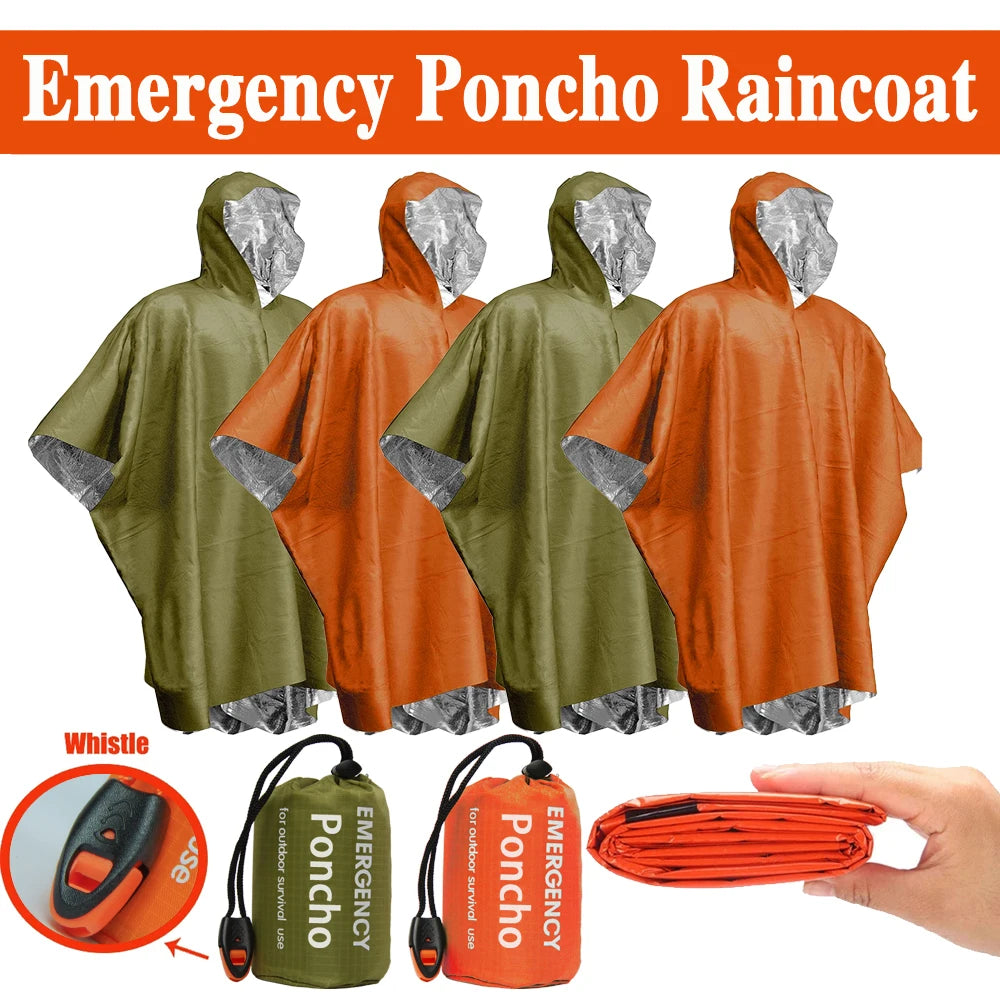 Disposable Thermal Poncho and Survival Blanket for Camping and Outdoor Use.