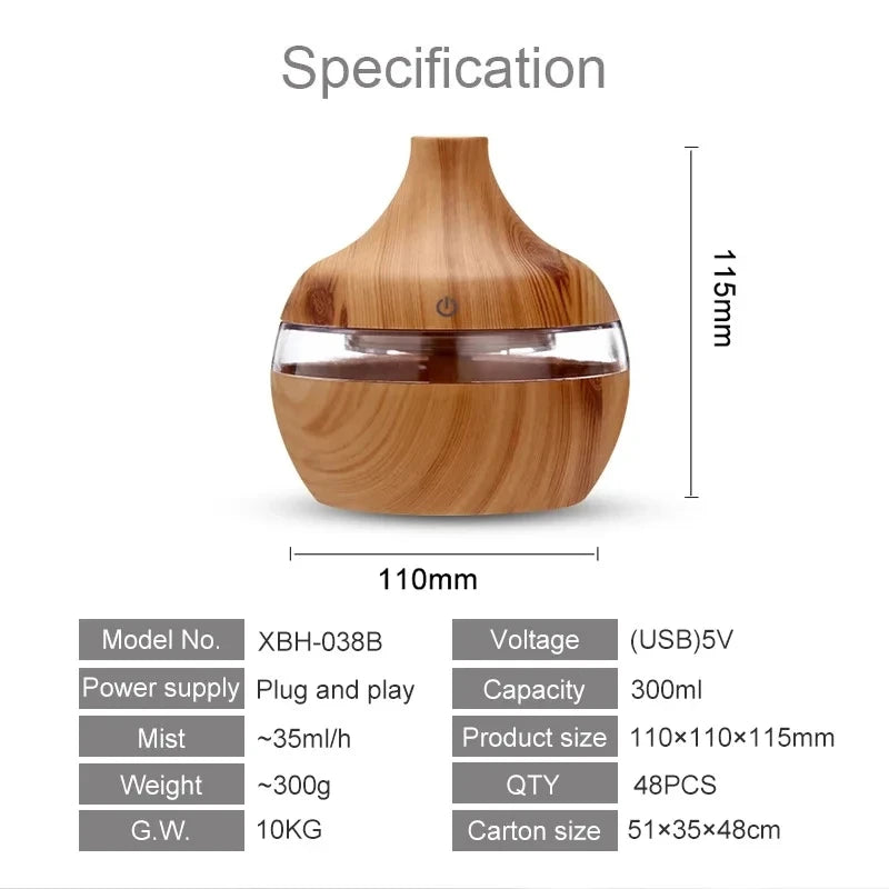300ml Ultrasonic Wood-Style Aroma Diffuser & Cool Mist Humidifier